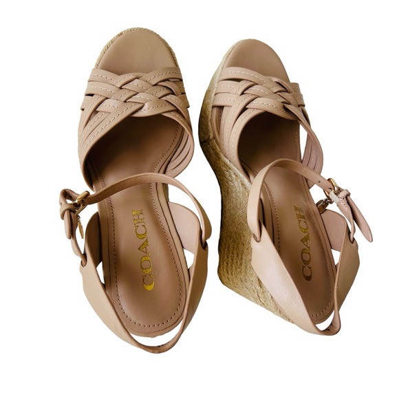 COACH Beige Dottie Open Toe Ankle Strap Wedge Espadrille Sandals Size 6 - Picture 5 of 16